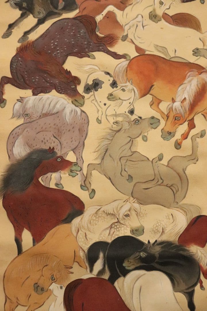 孤高の日本画家　妹尾天然　肉筆「百馬図」絹本　共箱　掛軸