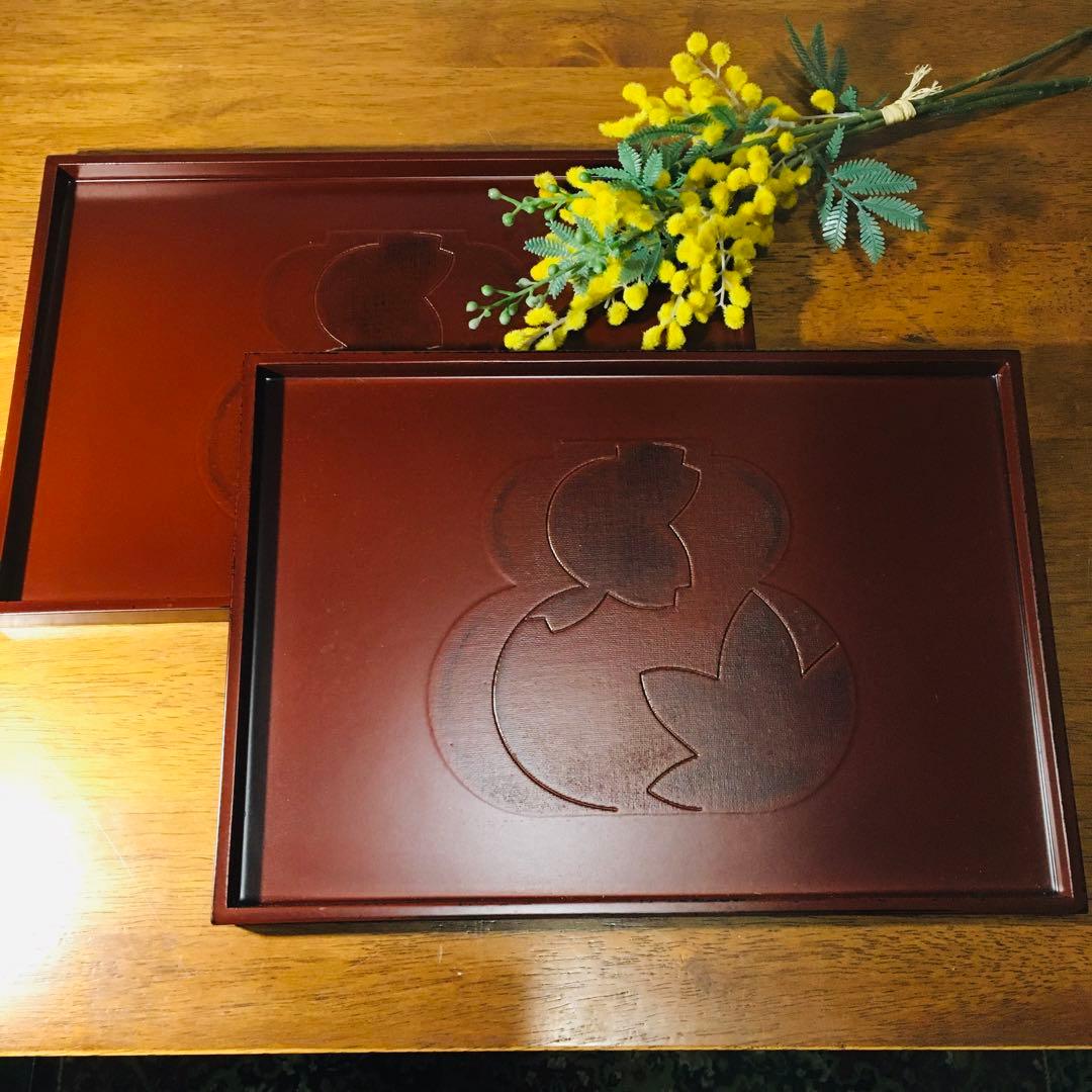 【伝統工芸】京都 漆器の井助　越前塗　根来 長手盆 布貼 瓢箪 春秋 2点セット