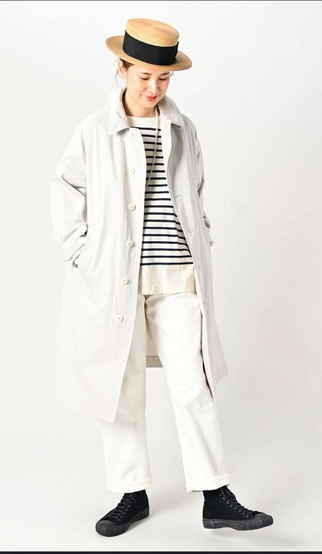 【美品】45R 薄ギャバの908ステンカラーコート アンティークホワイト