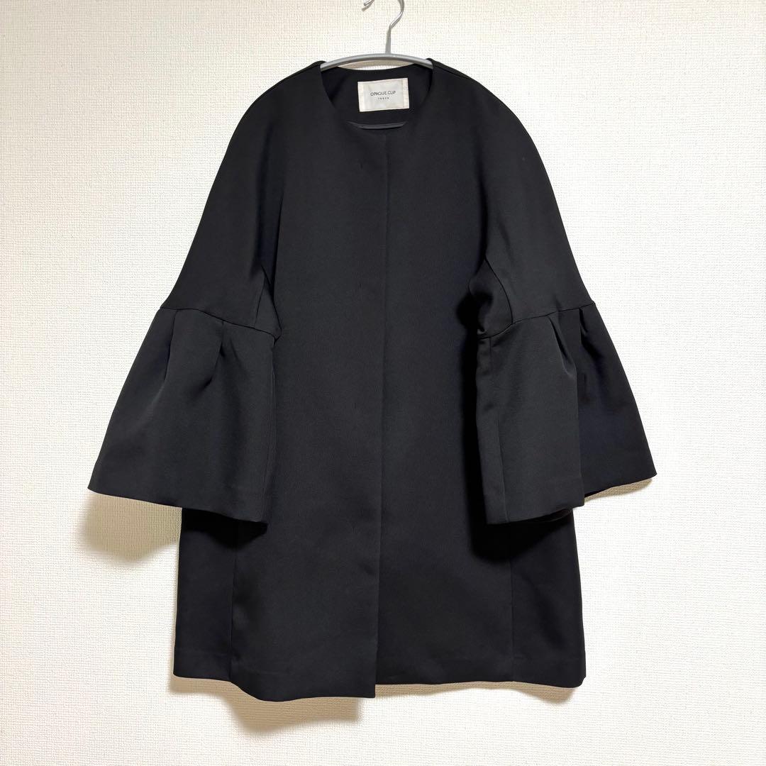 オペークドットクリップ ノーカラー フレアスリーブミドルコート スプリングコート