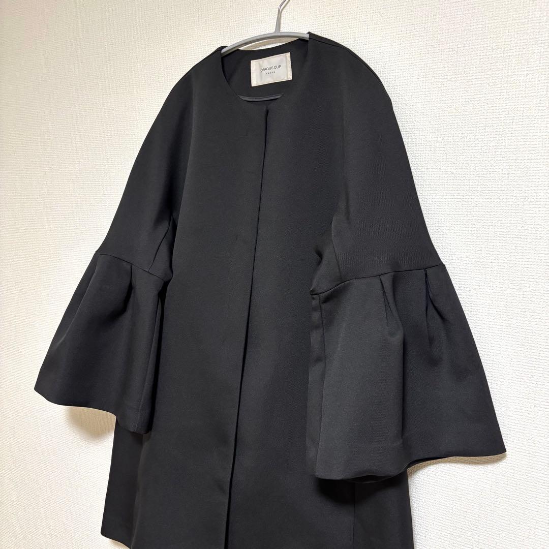 オペークドットクリップ ノーカラー フレアスリーブミドルコート スプリングコート