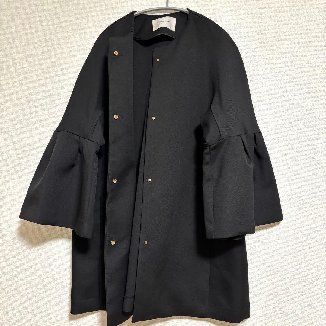 オペークドットクリップ ノーカラー フレアスリーブミドルコート スプリングコート