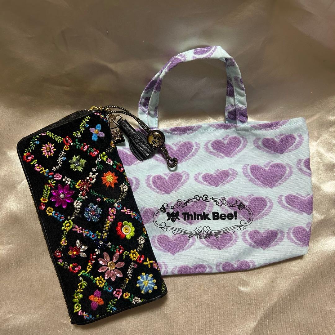 Think Bee! シンクビー　オーバーザレインボー L型　長財布　刺繍黒