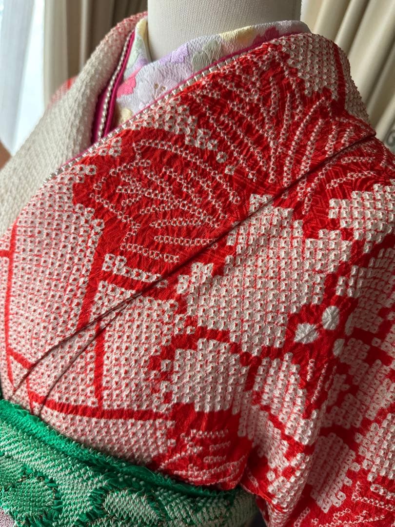 여 振袖フルセット 総絞り 赤×アイボリー