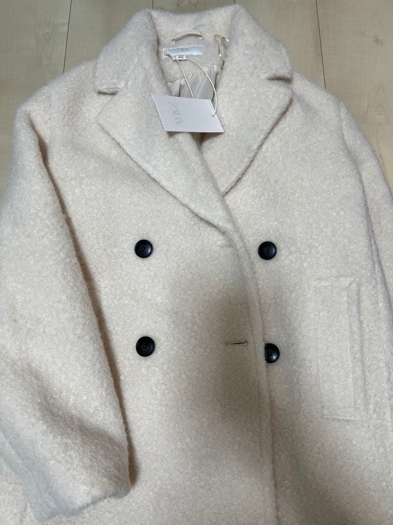ZARA ブークレダブルブレストミディ丈コート エクリュ　XS