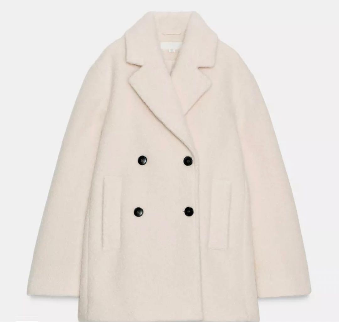 ZARA ブークレダブルブレストミディ丈コート エクリュ　XS