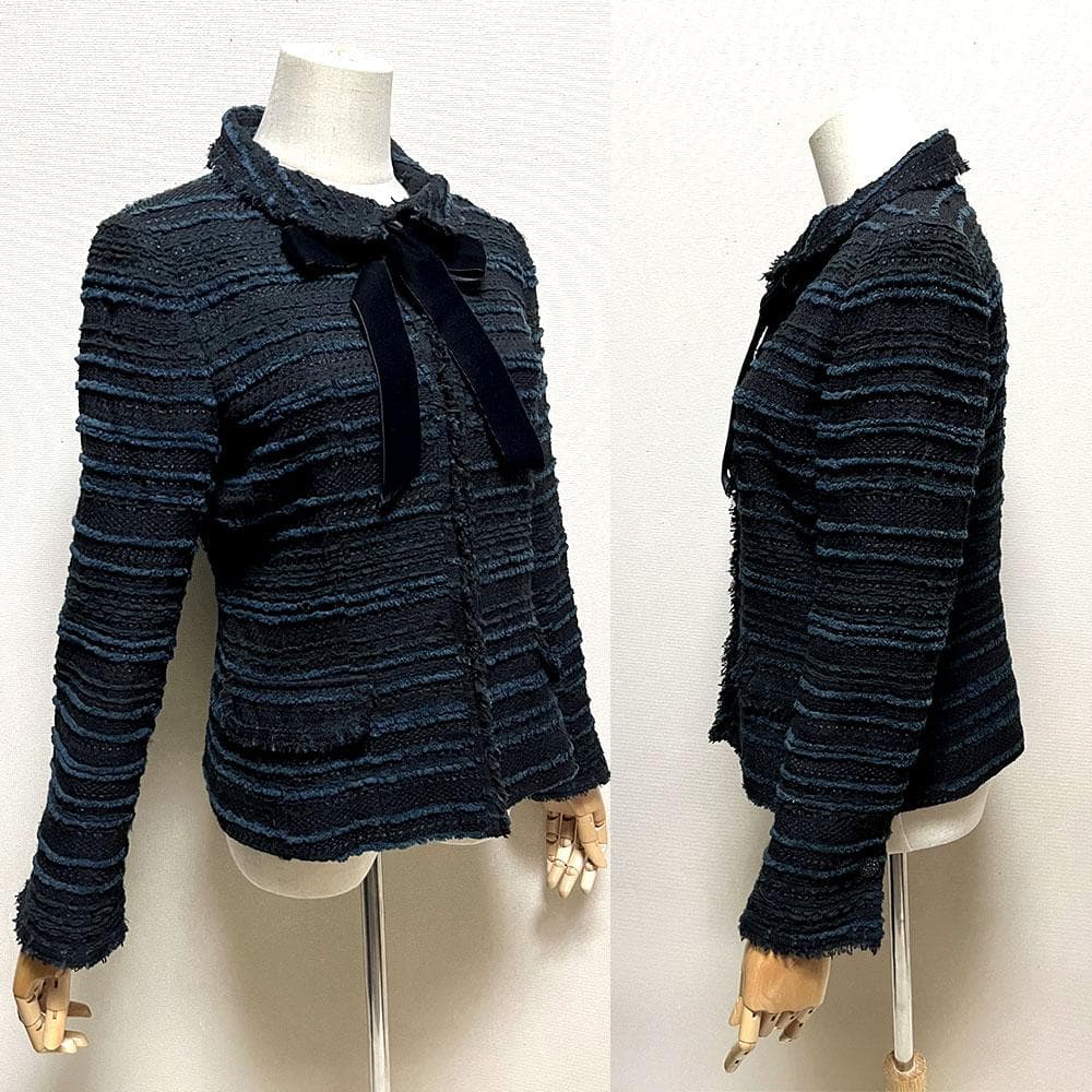 ルネ フランス製 ツイード TISSUE リボン付き ジャケット ブラック 36