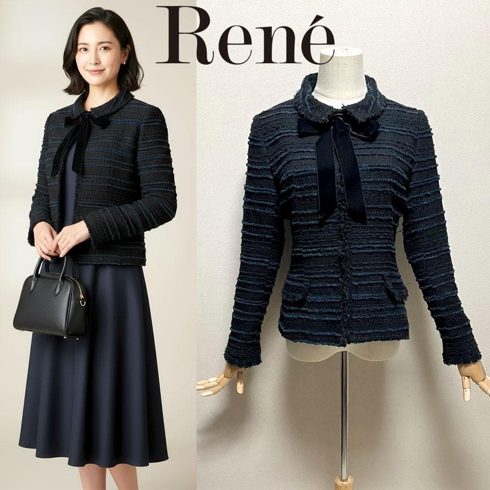 ルネ フランス製 ツイード TISSUE リボン付き ジャケット ブラック 36