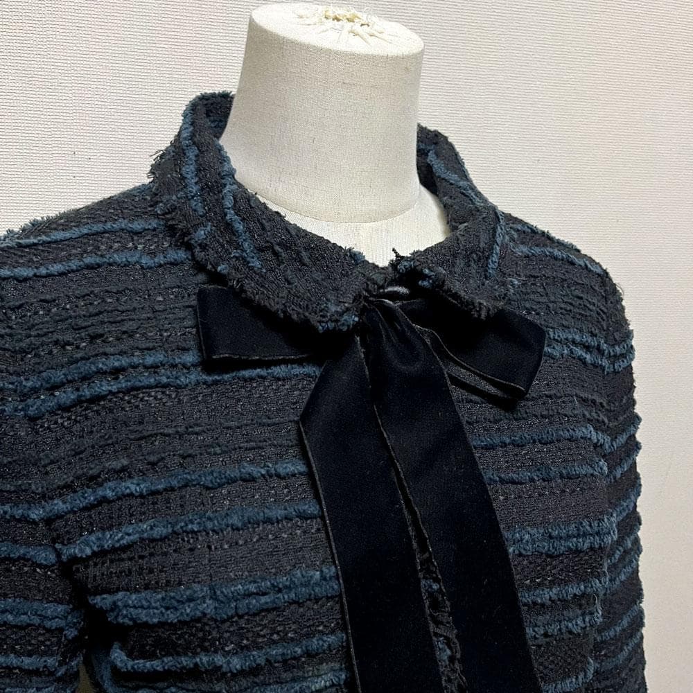 ルネ フランス製 ツイード TISSUE リボン付き ジャケット ブラック 36