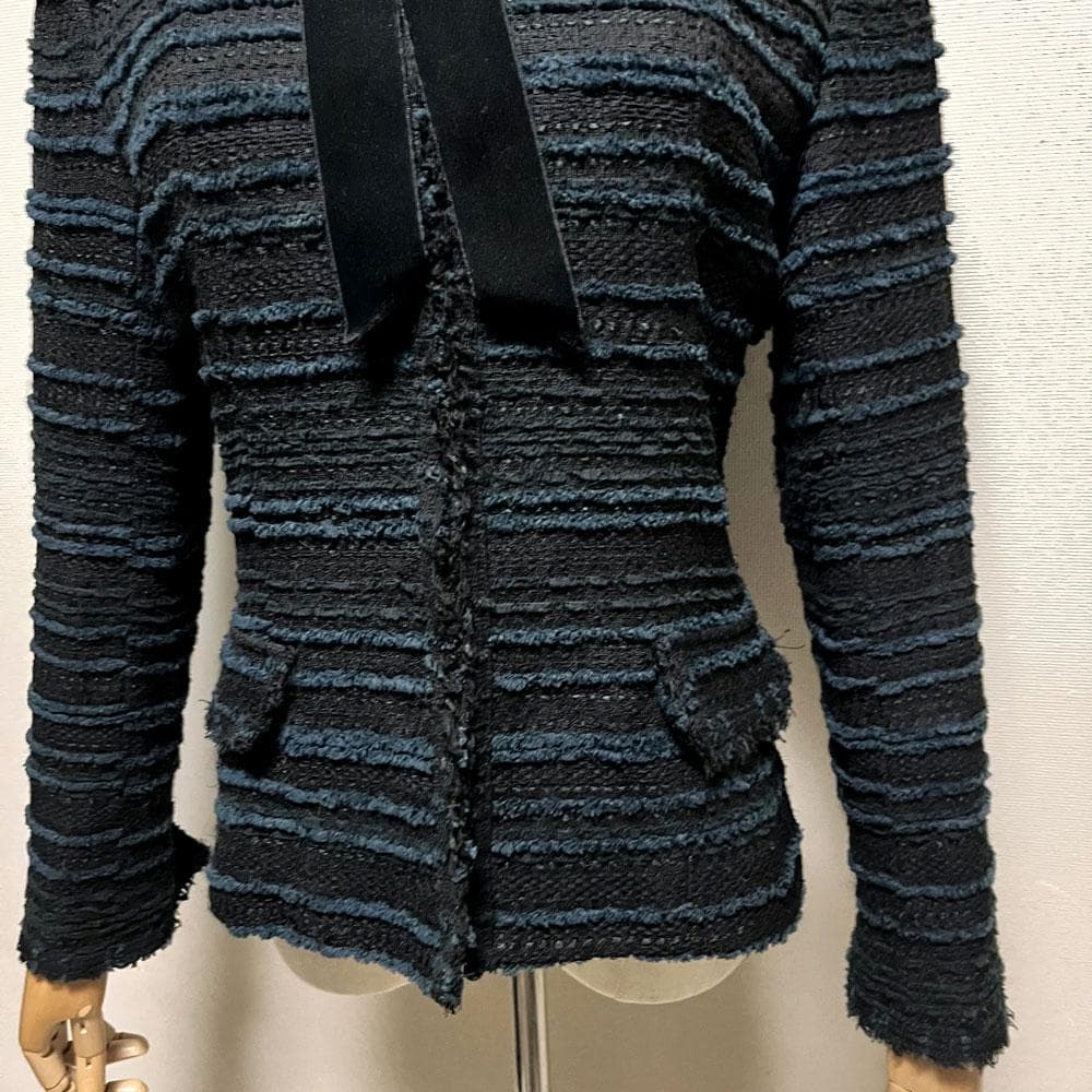 ルネ フランス製 ツイード TISSUE リボン付き ジャケット ブラック 36