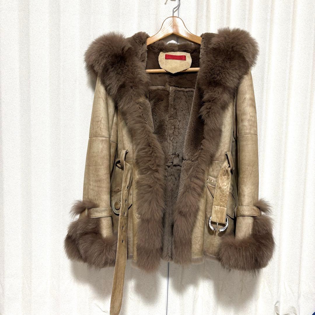 ラビット×フォックス リアルファー毛皮コート 40 ベージュ系 フード ベルト付