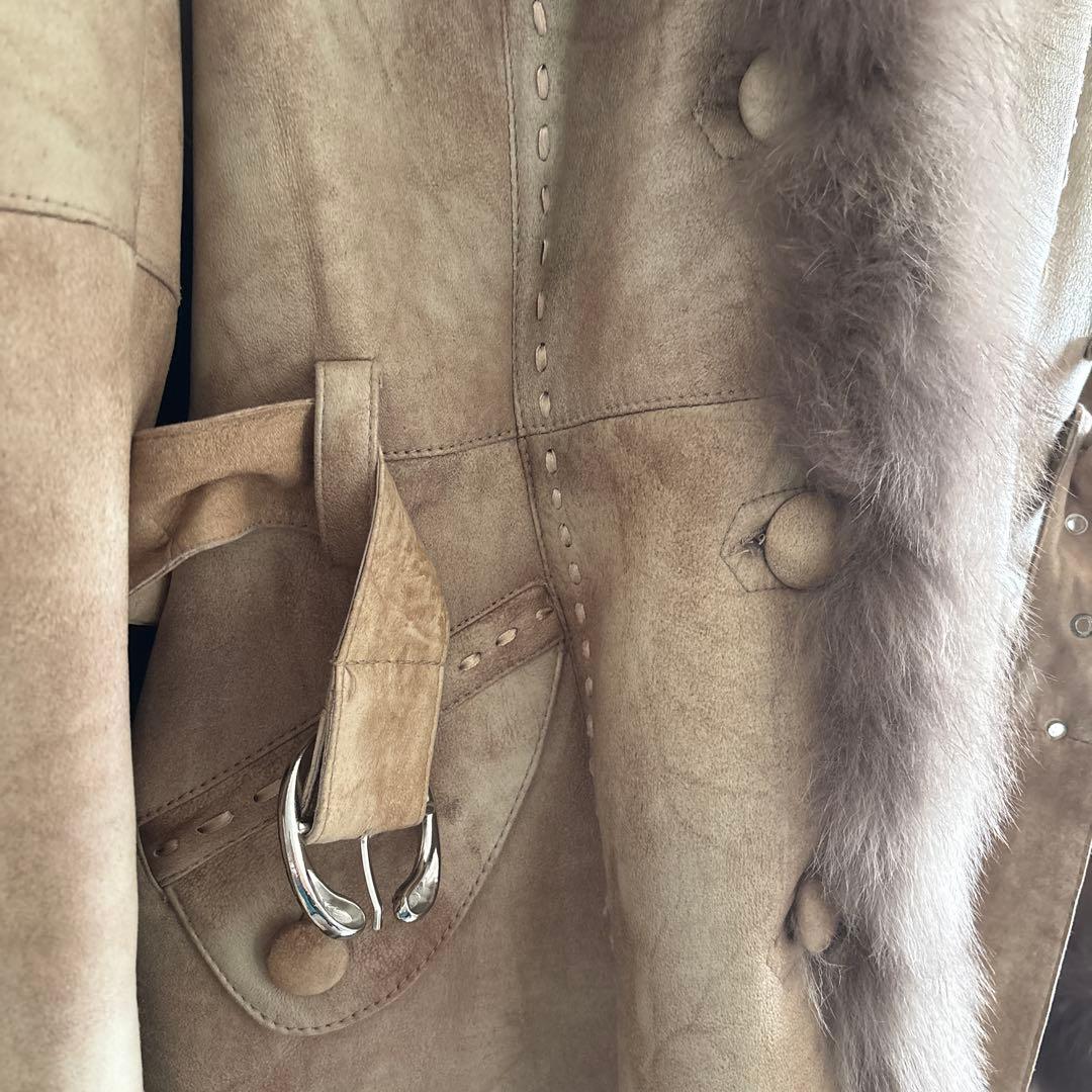 ラビット×フォックス リアルファー毛皮コート 40 ベージュ系 フード ベルト付