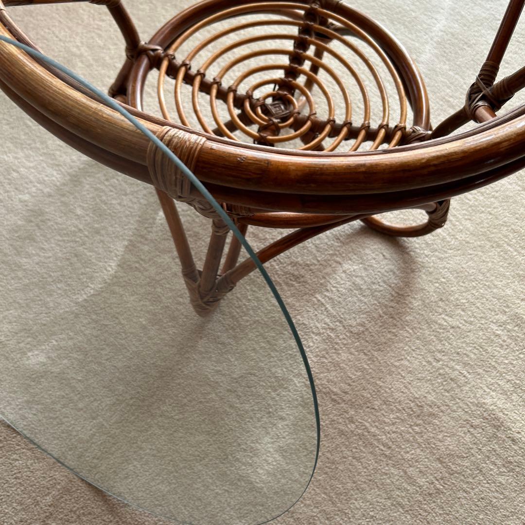 ラタン 円形センターテーブル 直径57cm 高さ44cm ガラス直径52cm