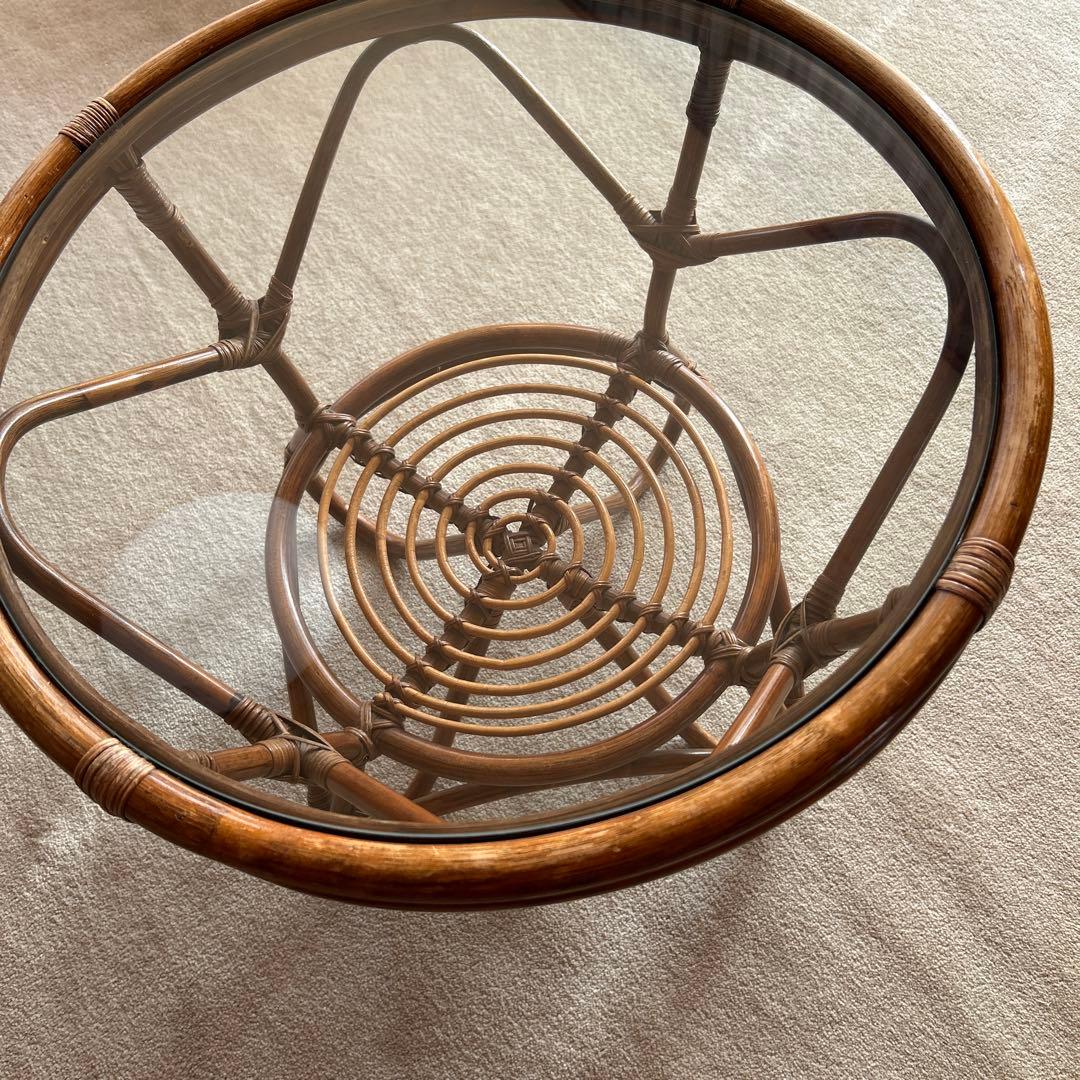 ラタン 円形センターテーブル 直径57cm 高さ44cm ガラス直径52cm