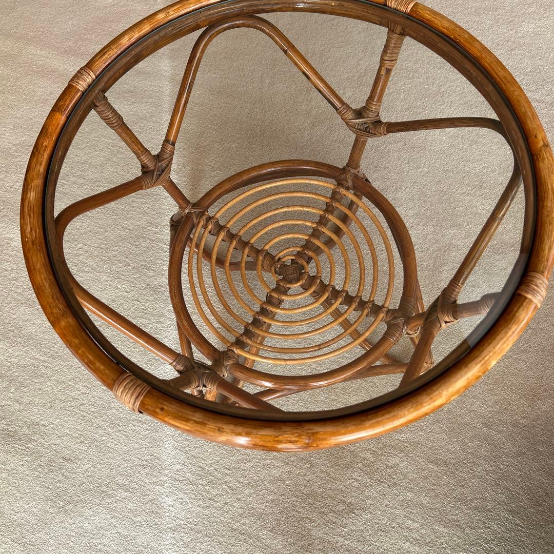 ラタン 円形センターテーブル 直径57cm 高さ44cm ガラス直径52cm