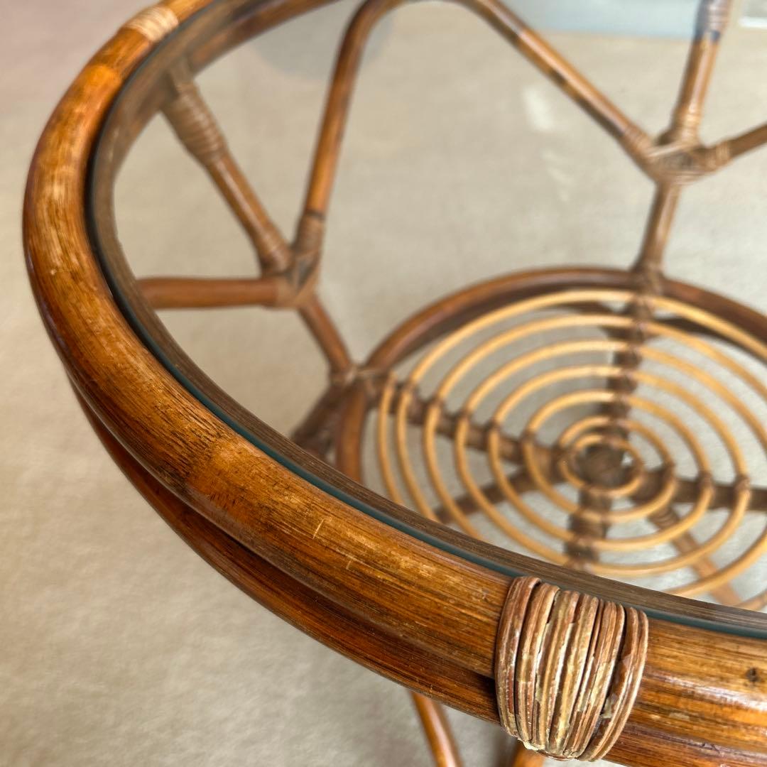 ラタン 円形センターテーブル 直径57cm 高さ44cm ガラス直径52cm