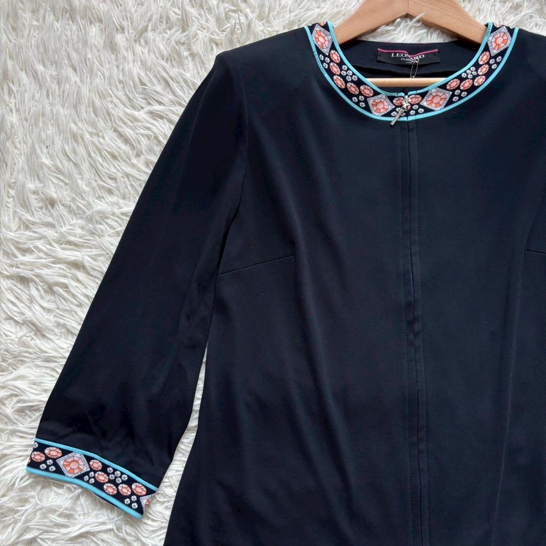 レオナール カンカン素材 美品 ジップカーディガン LL 黒