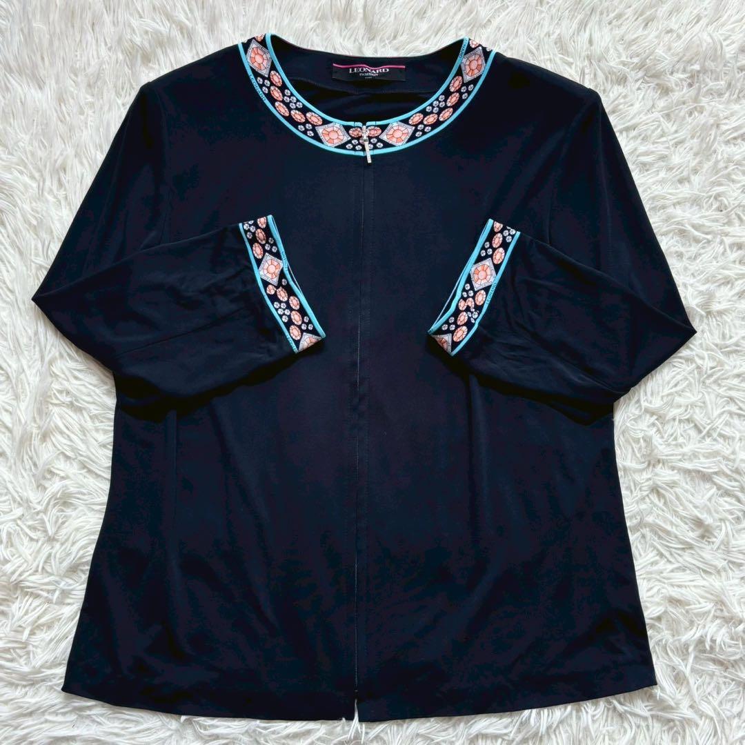 レオナール カンカン素材 美品 ジップカーディガン LL 黒