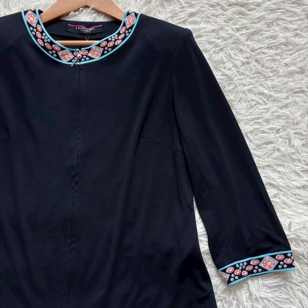 レオナール カンカン素材 美品 ジップカーディガン LL 黒