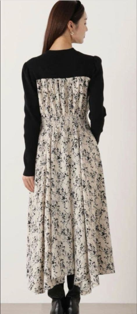 プロポーションボディドレッシング　フロントリボン花柄ドッキングワンピース