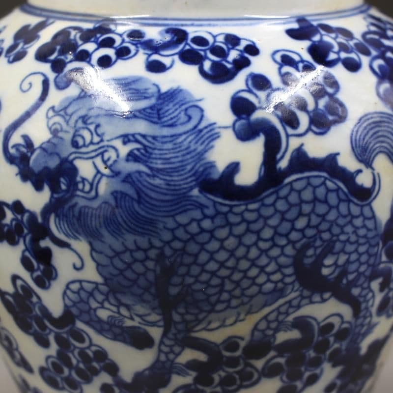清同治青花穿花麒麟紋茶蓋缶 景徳鎮 陶磁器 装飾品 現代工芸品 美術品 置物
