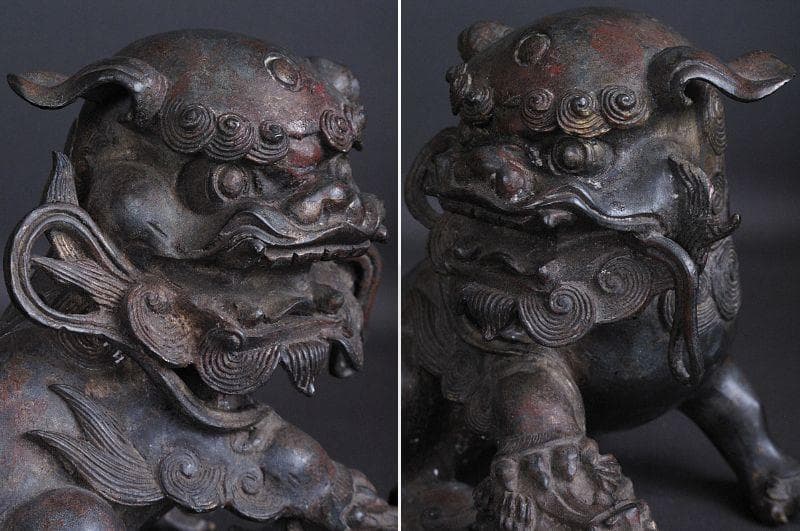 最終値下げ‼️ 金工細工『古銅 親子獅子置物』明治期　高18㎝/ 3.45㎏