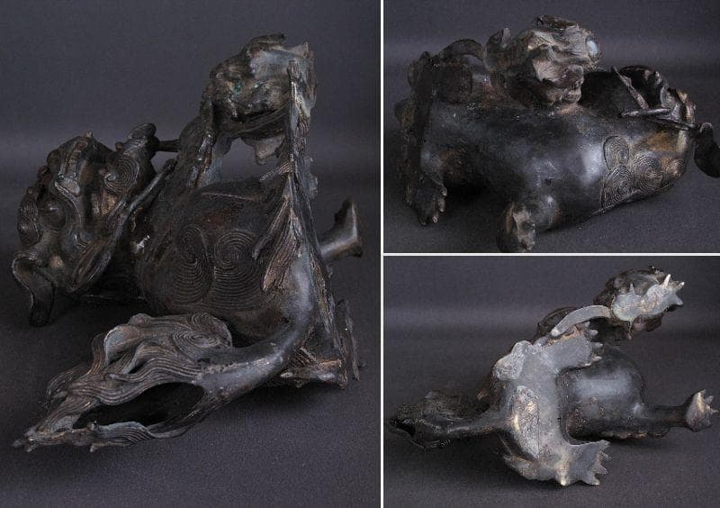 最終値下げ‼️ 金工細工『古銅 親子獅子置物』明治期　高18㎝/ 3.45㎏