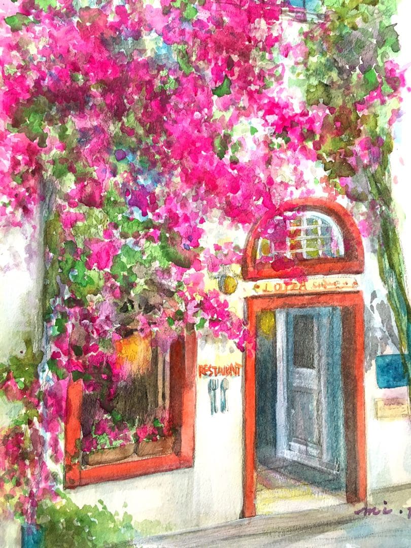 気まぐれSALE！　ブーゲンビリア咲くレストラン　透明水彩画　ホワイト額入り