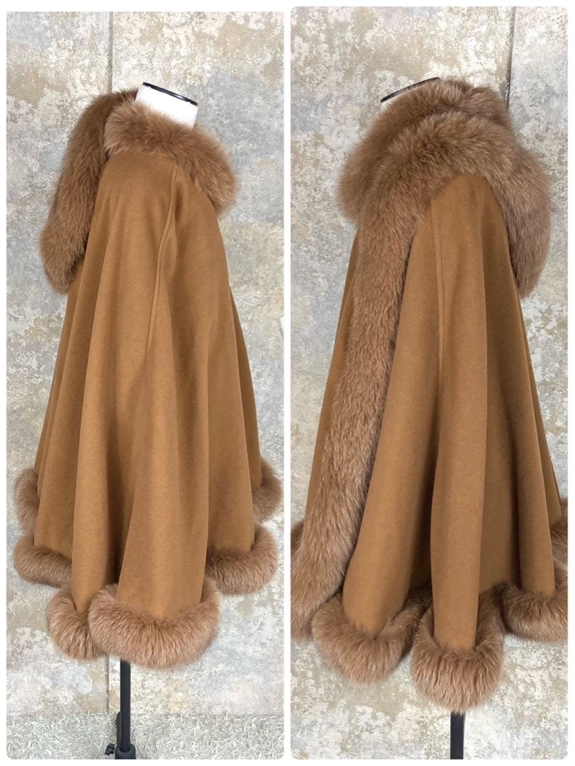 ホワイトベアー 毛皮 リアルファー フォックス ポンチョ ブラウン