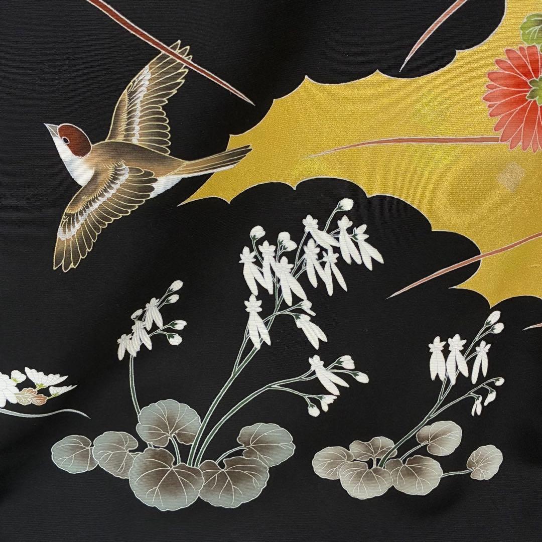 D162 黒留袖　鳥　花模様　金彩　正絹　着物　袷　未使用極美品