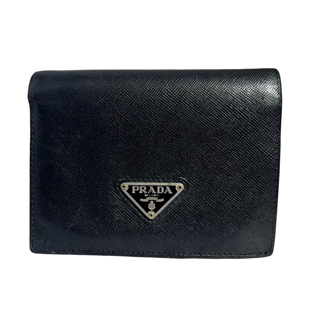 希少✨PRADA プラダ 二つ折り財布 サフィアーノレザー 三角ロゴ ブラック