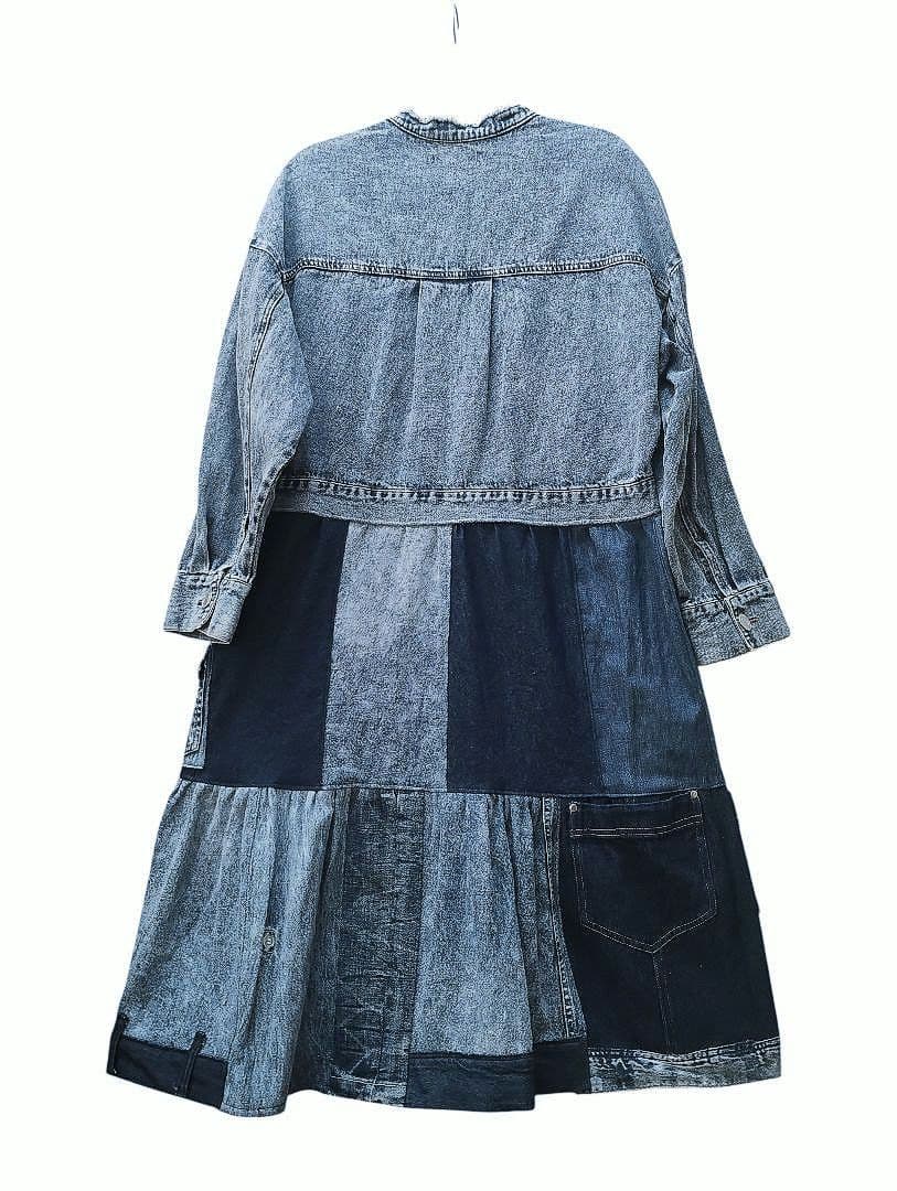 古着リメイク　Gジャンリメイクデニムパッチワークロングジャケット　ブリーチデニム