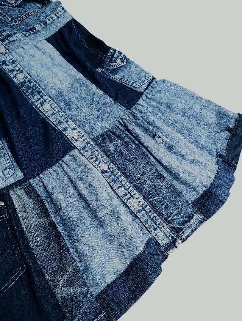 古着リメイク　Gジャンリメイクデニムパッチワークロングジャケット　ブリーチデニム