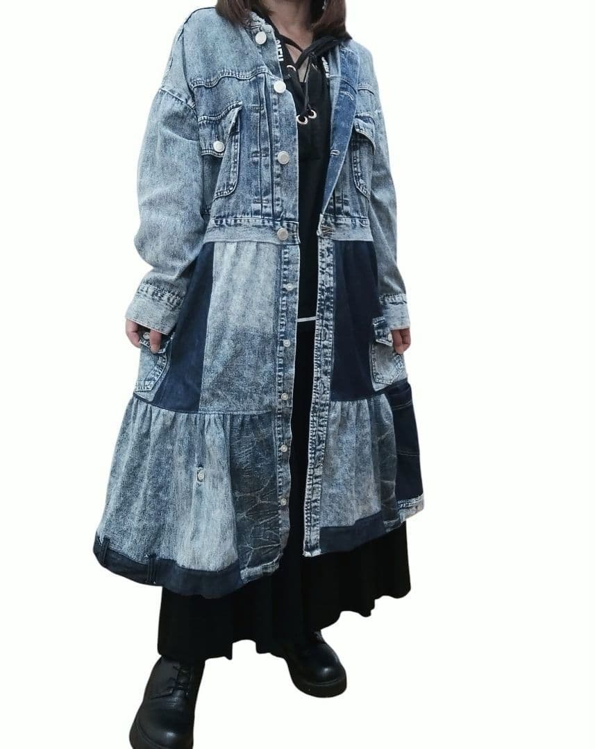 古着リメイク　Gジャンリメイクデニムパッチワークロングジャケット　ブリーチデニム