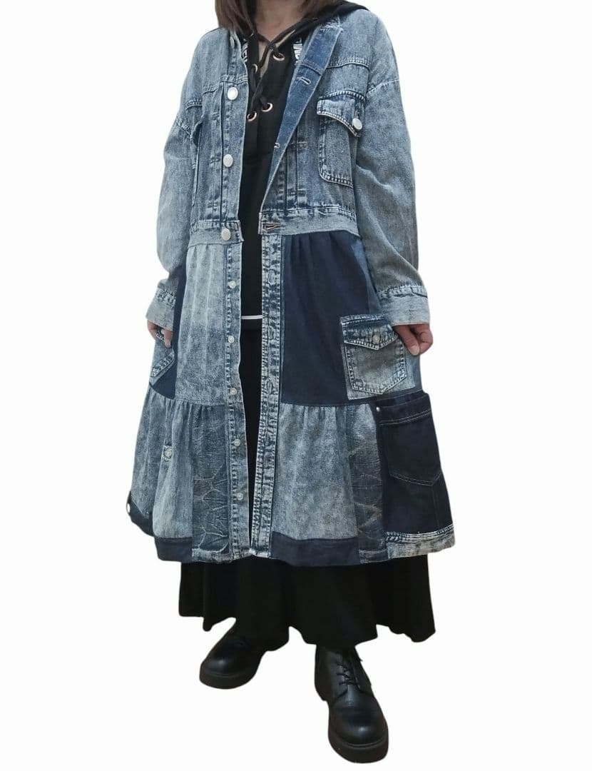 古着リメイク　Gジャンリメイクデニムパッチワークロングジャケット　ブリーチデニム