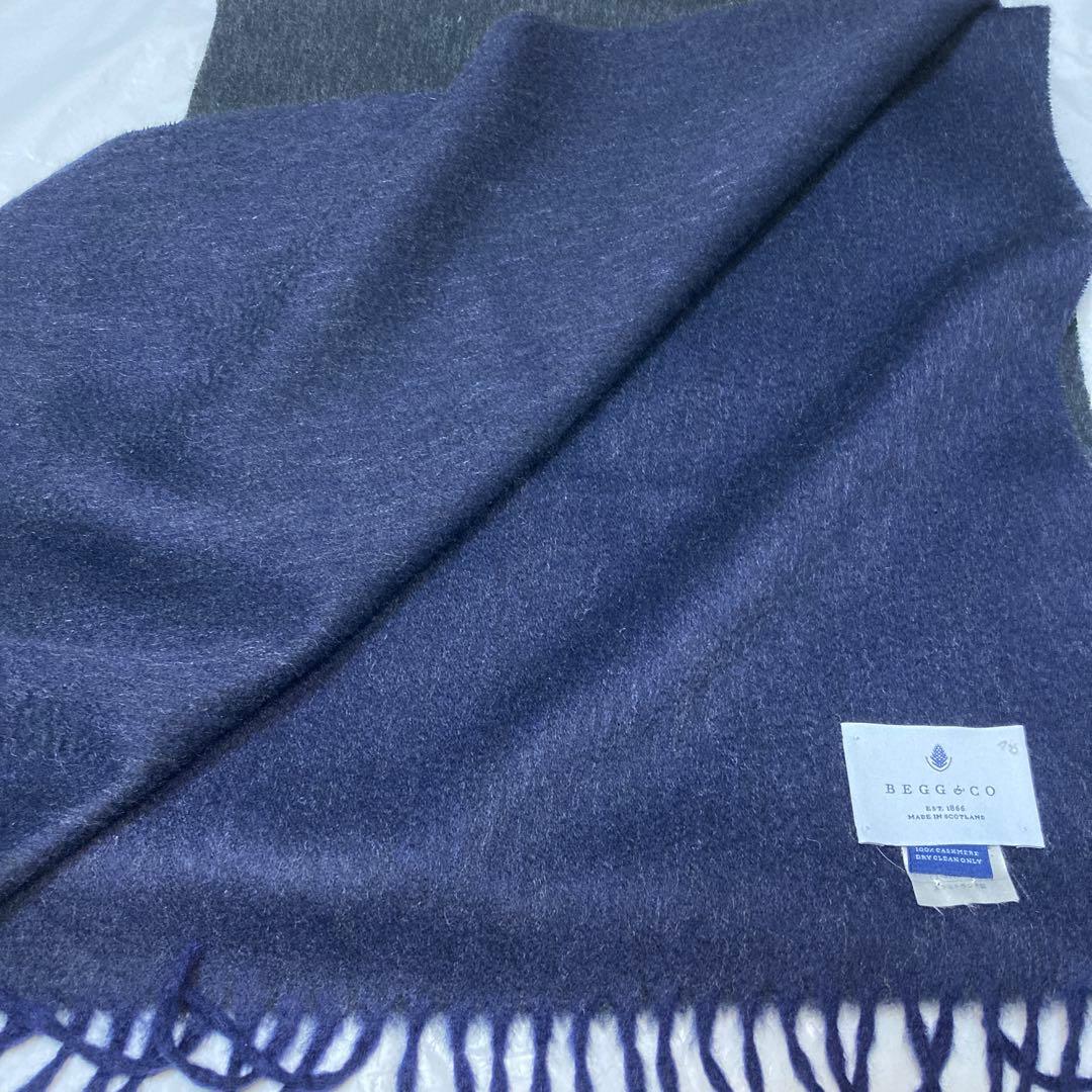 美品 ベグアンドコー カシミヤ100％ 中判ストール リバーシブル ネイビー