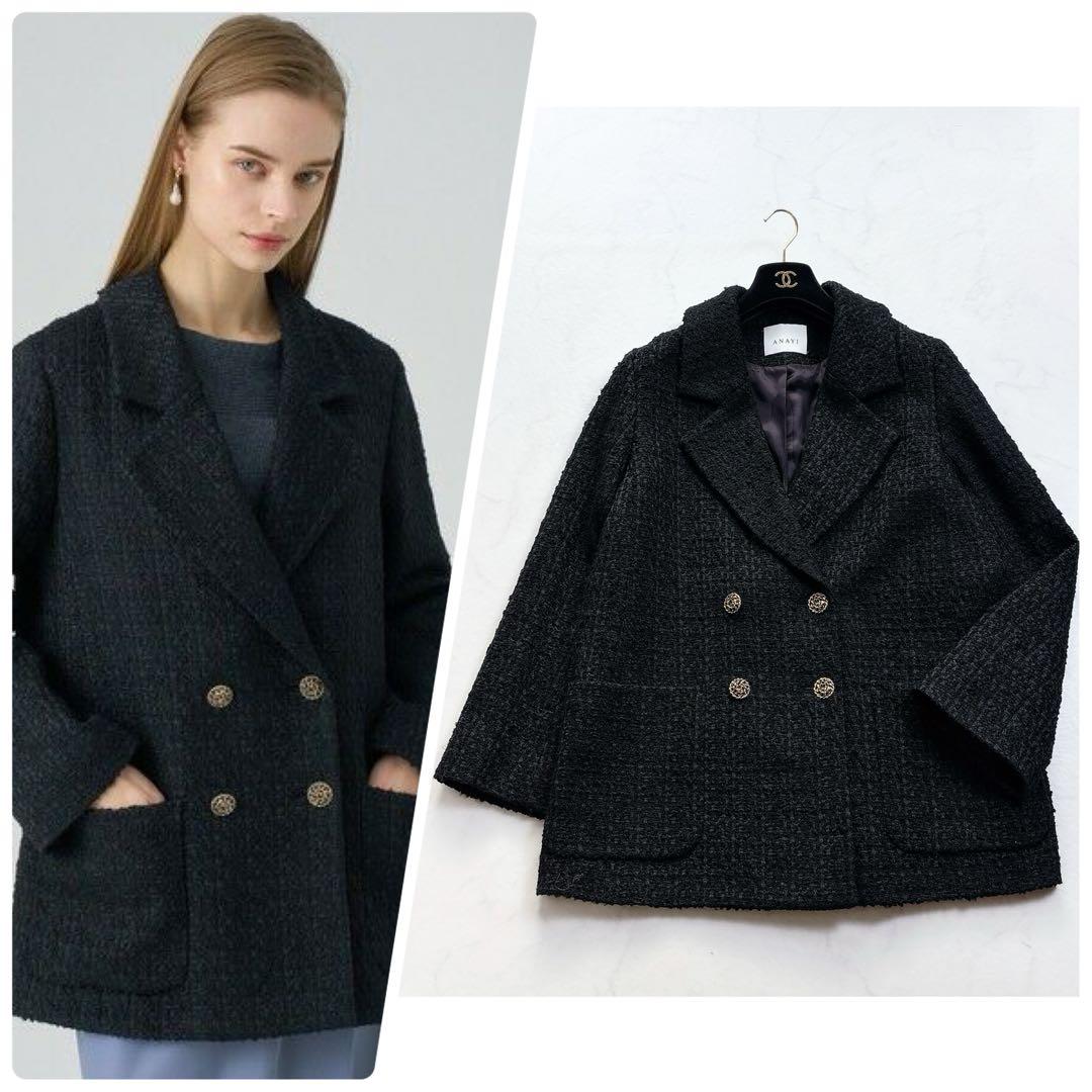 【ANAYI】定価11万　24AW　ラメツイードテーラーダブルコート　ハーフ丈