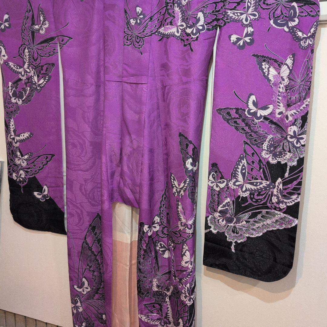 【美品】紫と黒の蝶模様の振袖＆帯のセット