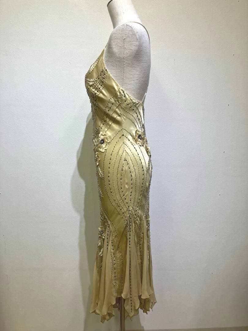 Bicici ビーズ刺繍　ロングドレス　シルク100% サイズS 花柄刺繍