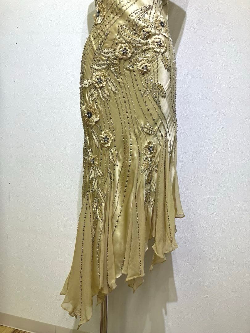 Bicici ビーズ刺繍　ロングドレス　シルク100% サイズS 花柄刺繍