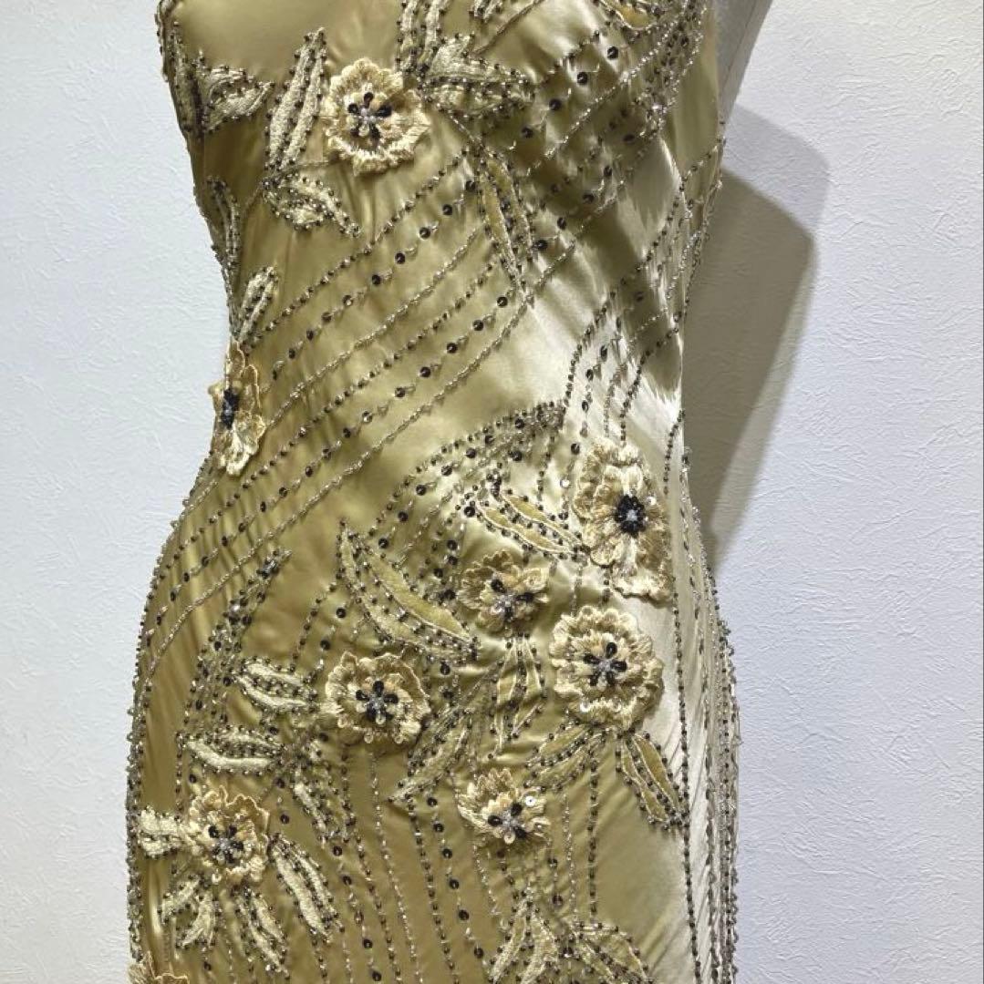 Bicici ビーズ刺繍　ロングドレス　シルク100% サイズS 花柄刺繍