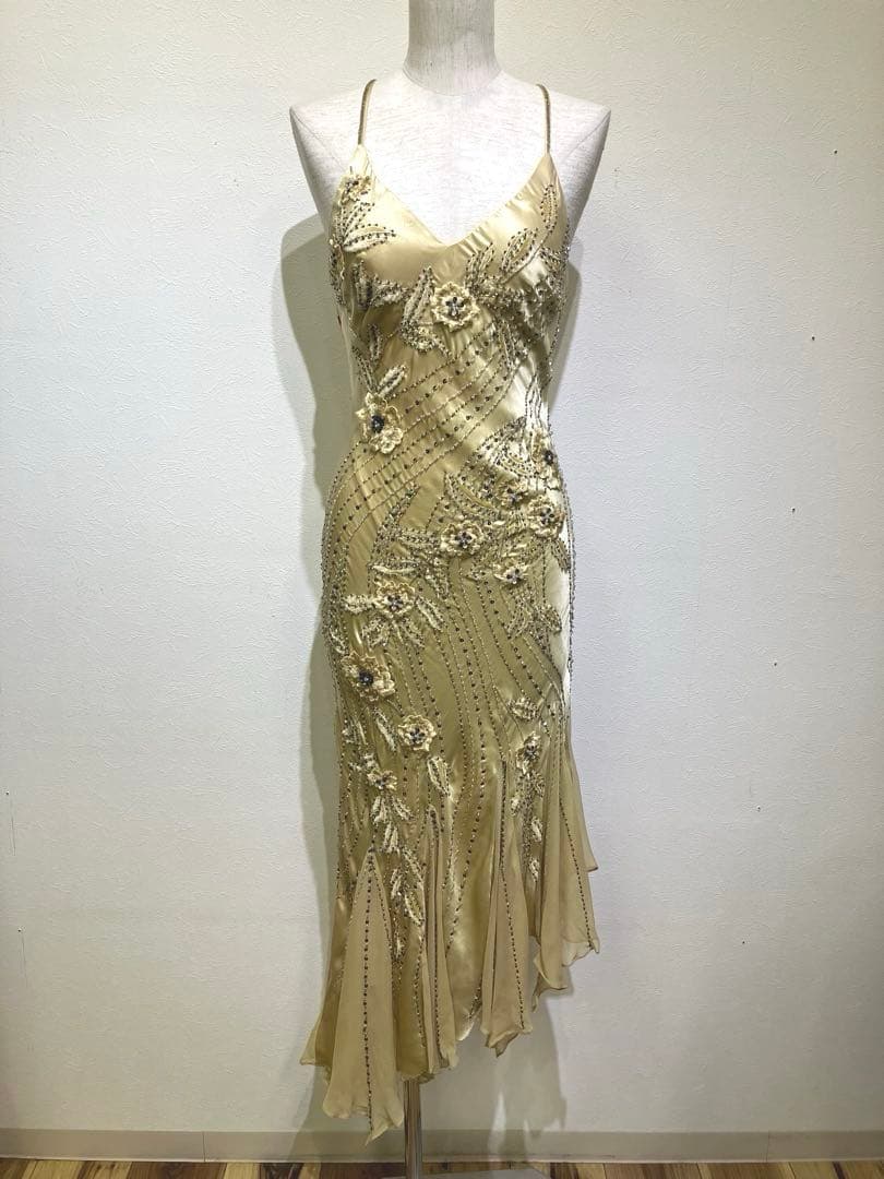 Bicici ビーズ刺繍　ロングドレス　シルク100% サイズS 花柄刺繍