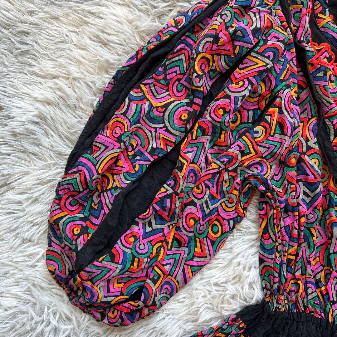 【美品】Diane Freis バルーンスリーブ総柄ワンピース レッド系 シルク