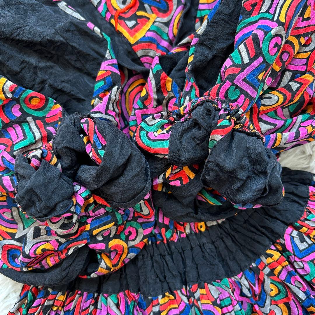 【美品】Diane Freis バルーンスリーブ総柄ワンピース レッド系 シルク