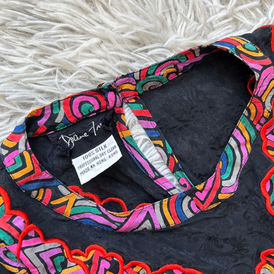 【美品】Diane Freis バルーンスリーブ総柄ワンピース レッド系 シルク