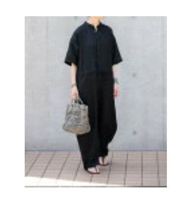 かぐれ　バンドカラーリネンハーフスリーブオールインワン　黒