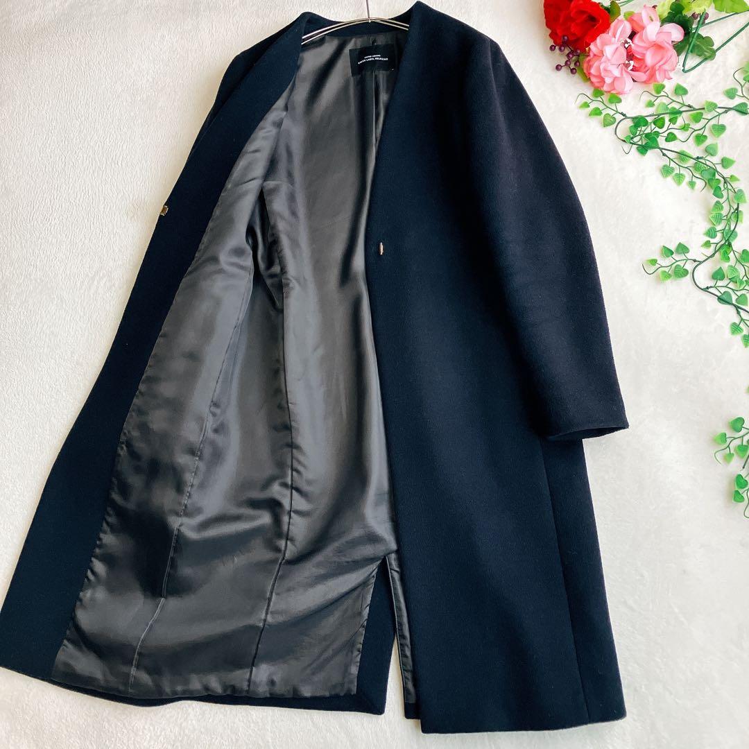 【美品】ユナイテッドアローズ★ノーカラーコート Vネック ウール セレモニー 紺