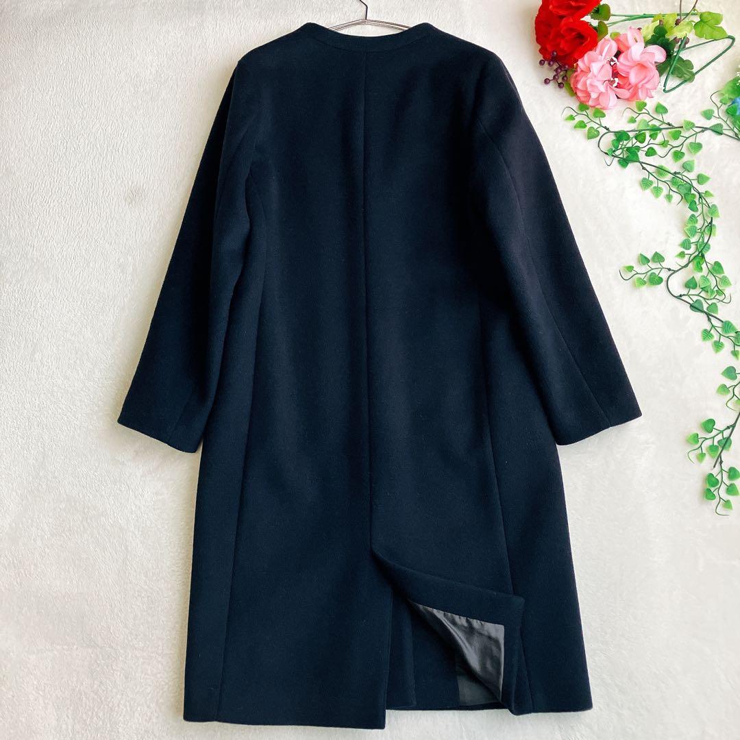 【美品】ユナイテッドアローズ★ノーカラーコート Vネック ウール セレモニー 紺