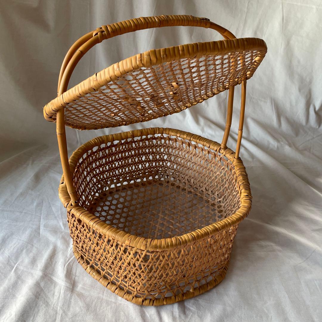 竹かご　竹細工　持ち手つき　蓋つき　古道具
