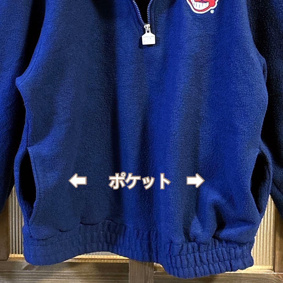 90s US古着　MLBインディアンス　ハーフジップフリース　M ネイビー　刺繍